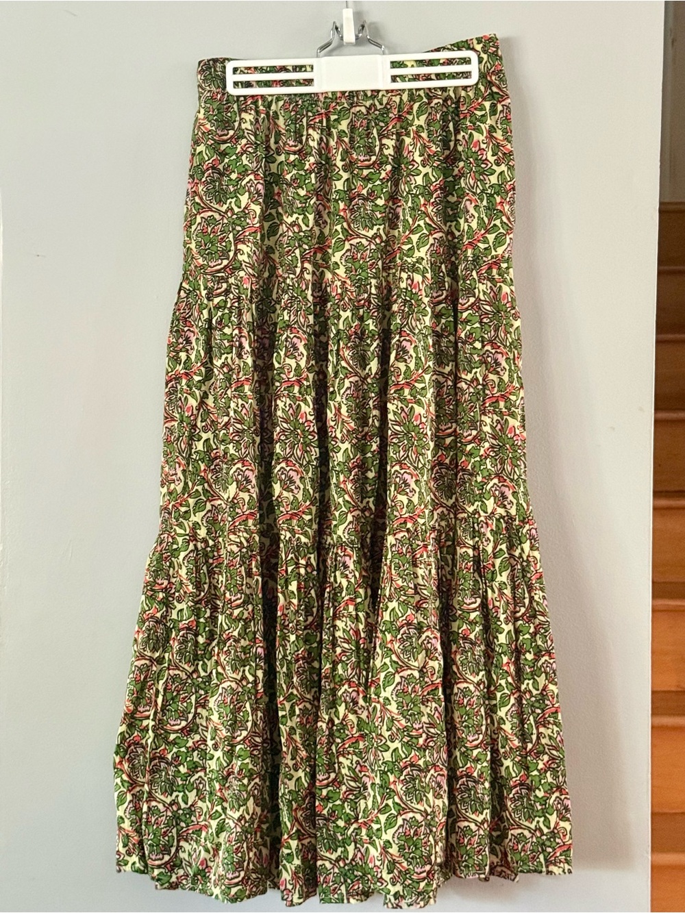 ZARA Tiered Floral Block-Print Cotton Maxi Skirt Boho Green Pink S M